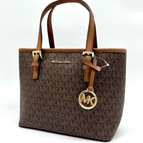 Michael Kors Jet Set Travel Extra-Small Logo Top-Zip Tote Bag Brown Signature - Picture 1 of 9